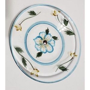 Large Jar Candle Plate Glass Blue Flower Clear 7 inches Round Unbranded